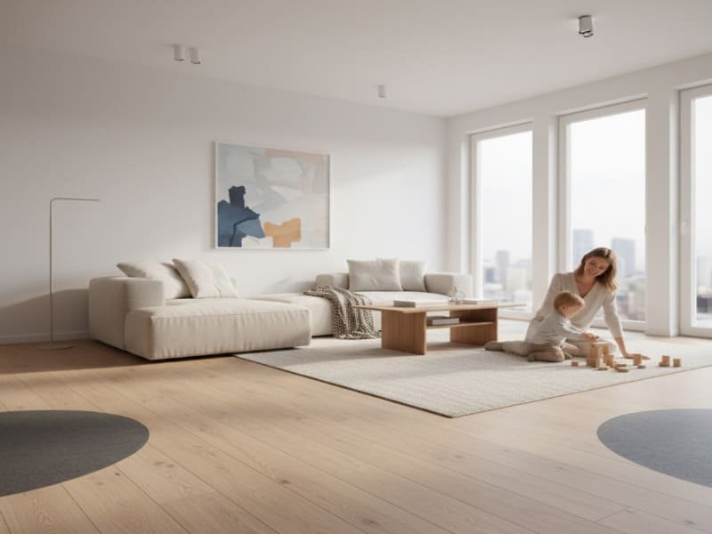 Soundproof flooring layers visualization showing subfloor underlayment and finish